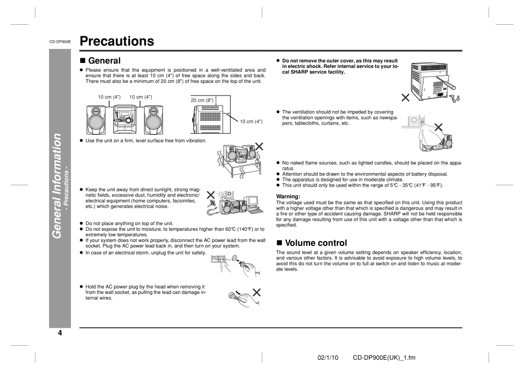 Sharp operation manual Precautions, General, Volume control, 02/1/10 CD-DP900EUK 1.fm, cal SHARP service facility 
