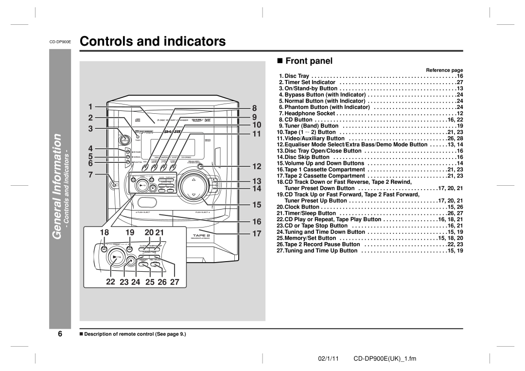 Sharp CD-DP900E operation manual Controls and indicators, Information, General, Front panel 