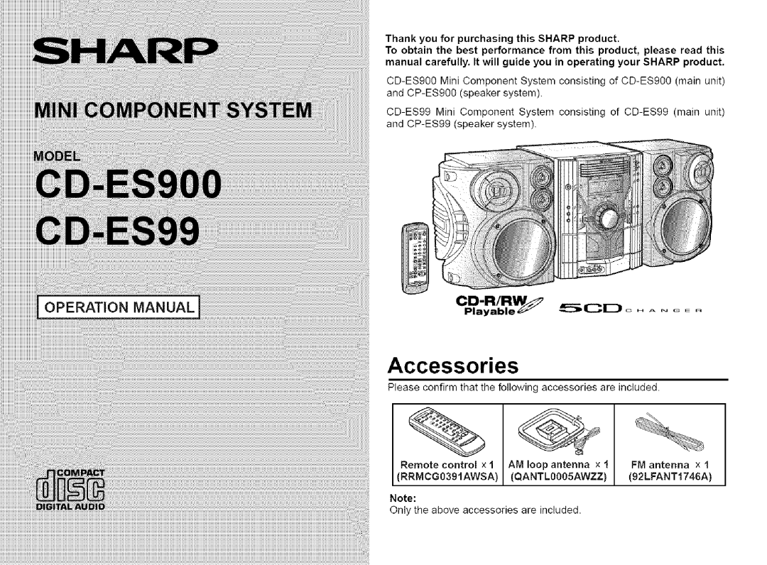 Sharp CD-ES99, CD-ES900 manual Accessories, Remote control x 