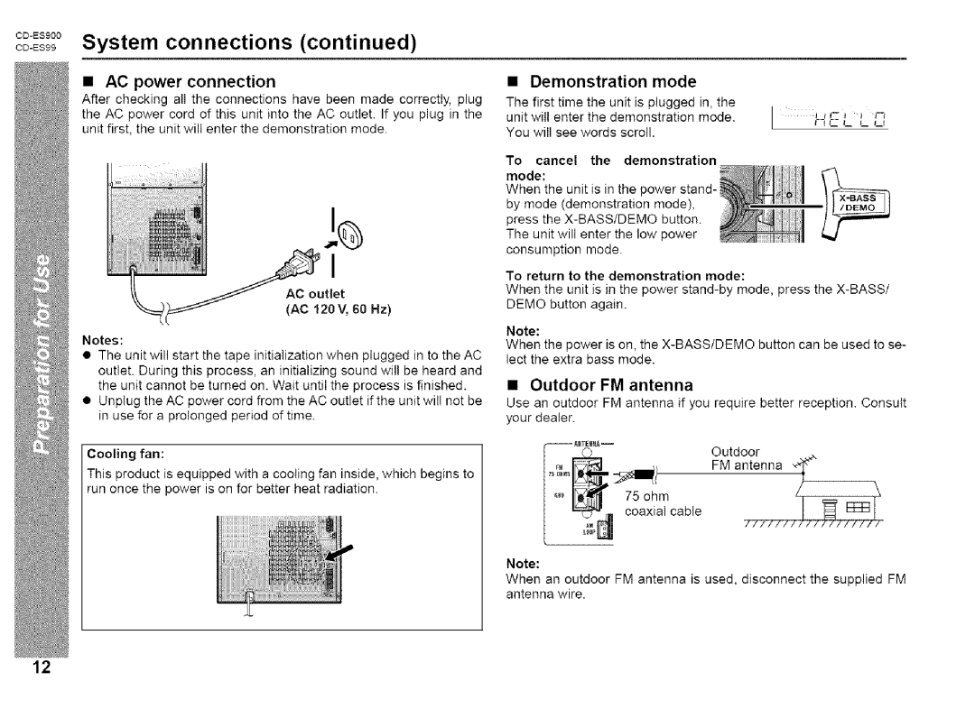 Sharp CD-ES900, CD-ES99 manual AC power connection, Demonstration mode, To cancel the demonstration mode, Outdoor FM antenna 