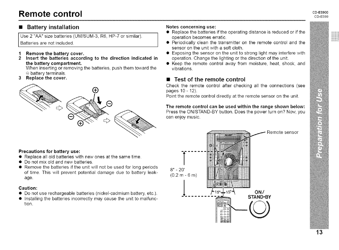 Sharp CD-ES99, CD-ES900 manual Remote control, Test of the remote control, Precautions for battery use, Remote sensor 