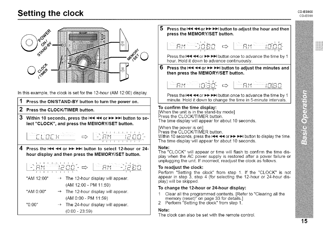 Sharp CD-ES99, CD-ES900 Setting the clock, Lect CLOCK, and press the MEMORY/SET button, Then press the MEMORY/SET button 