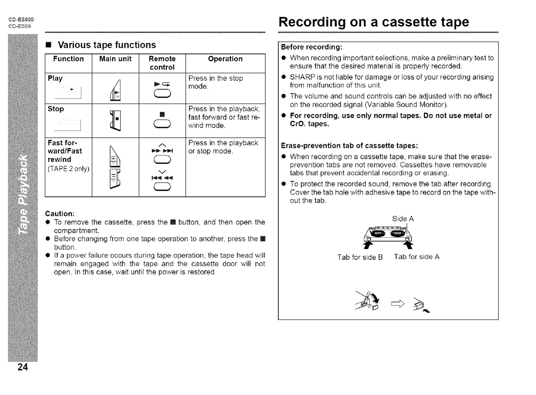 Sharp CD-ES900, CD-ES99 manual Recording on a cassette tape 