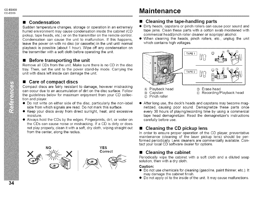 Sharp CD-ES900, CD-ES99 manual Maintenance, Cleaning Tape-handling parts, Care of compact discs, Cleaning the CD pickup lens 