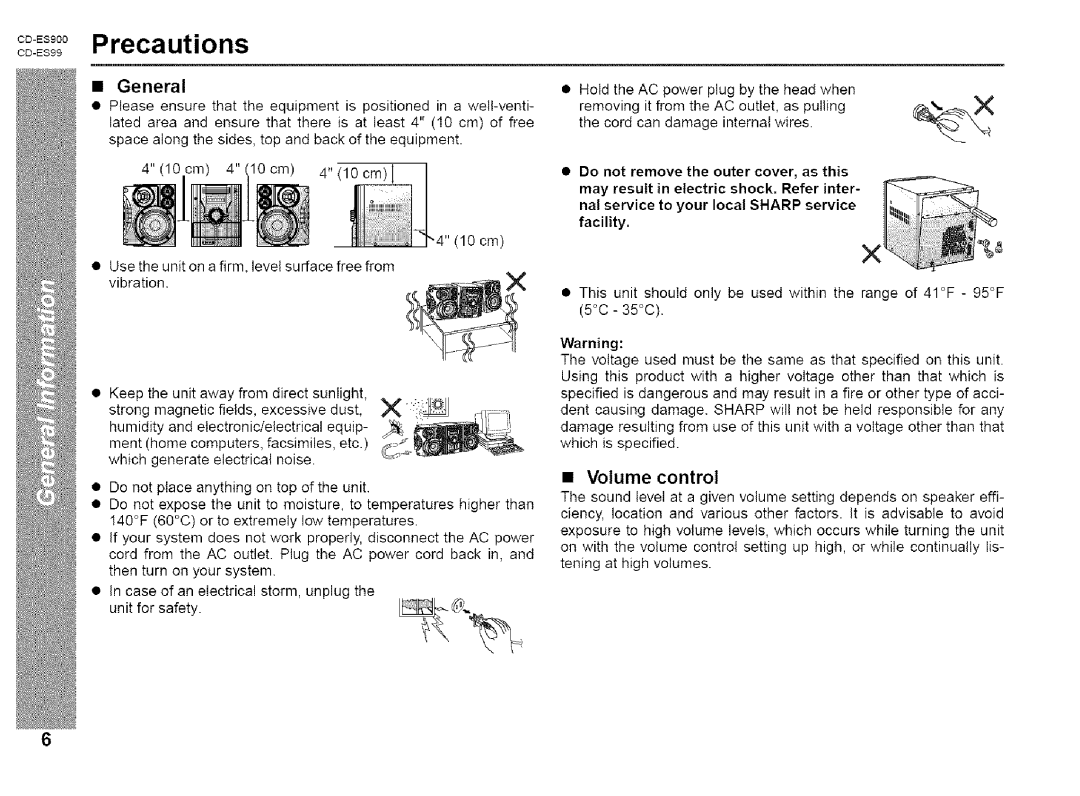 Sharp CD-ES900, CD-ES99 manual OoEs,ooPrecautions, 5C- 35C, Volume control 