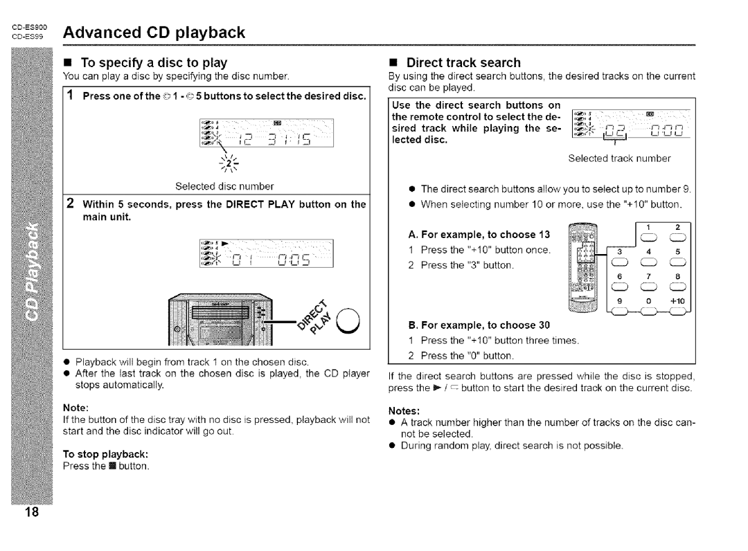 Sharp CD-ES900, CD-ES99 manual co-Es 9 Advanced CD playback, To specify a disc to play, Direct track search 