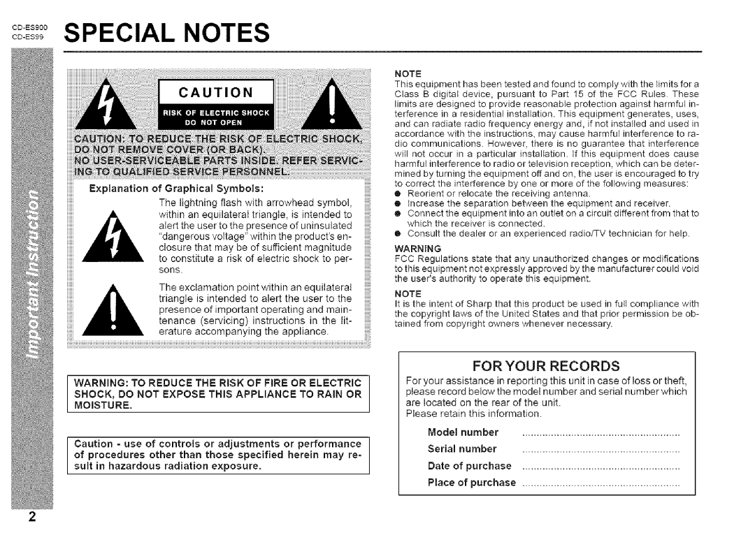 Sharp CD-ES900, CD-ES99 manual Special Notes, For Your Records 