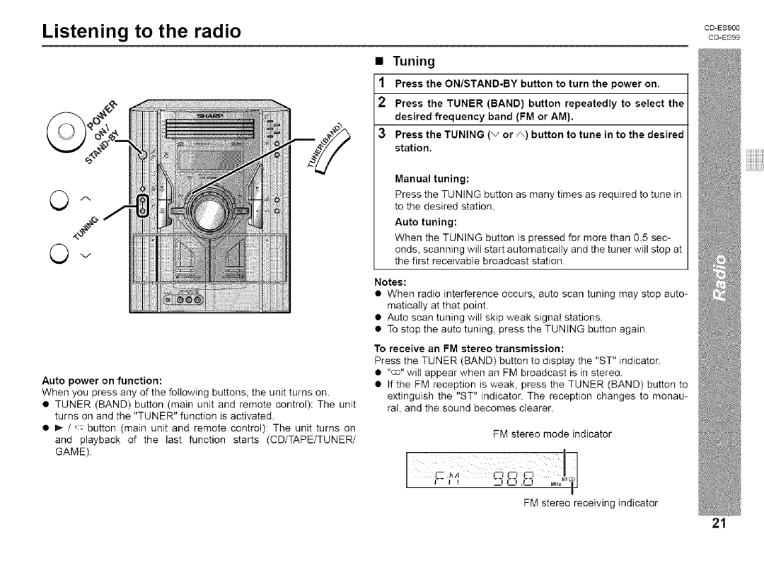 Sharp CD-ES99, CD-ES900 manual Listening to the radio, Tuning, oo-Esg0 