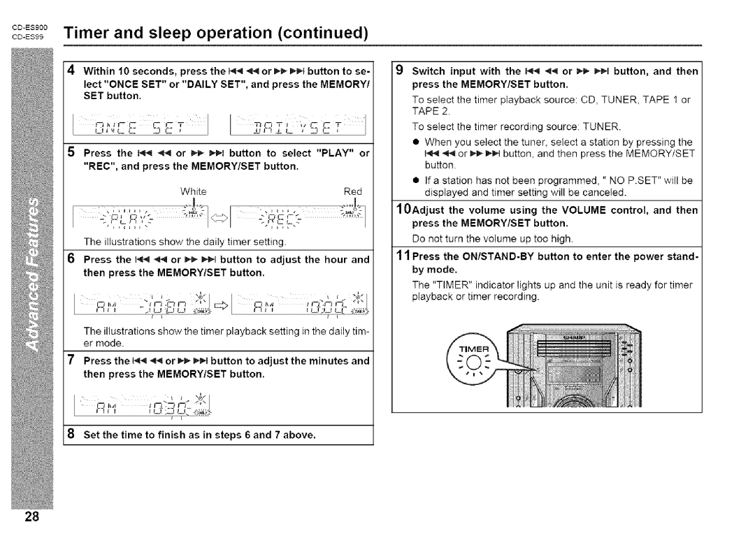 Sharp CD-ES900, CD-ES99 manual coEs 9 Timer and sleep operation continued, 2, ,7,c 