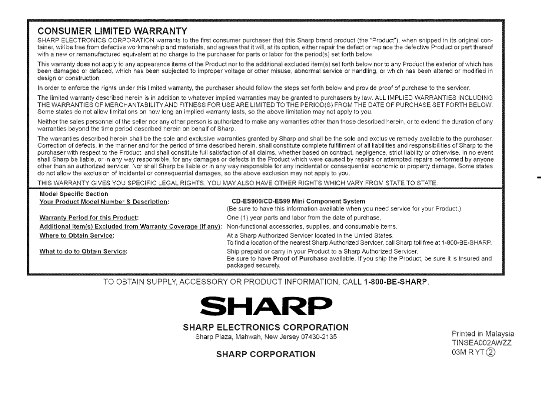 Sharp CD-ES900, CD-ES99 manual Consumerlimitedwarranty, Sharp Electronics Corporation, Sharp Corporation, when 