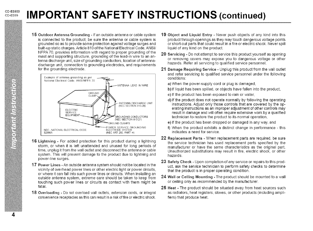 Sharp CD-ES900, CD-ES99 manual IMPORTANT SAFETY INSTRUCTIONS continued 