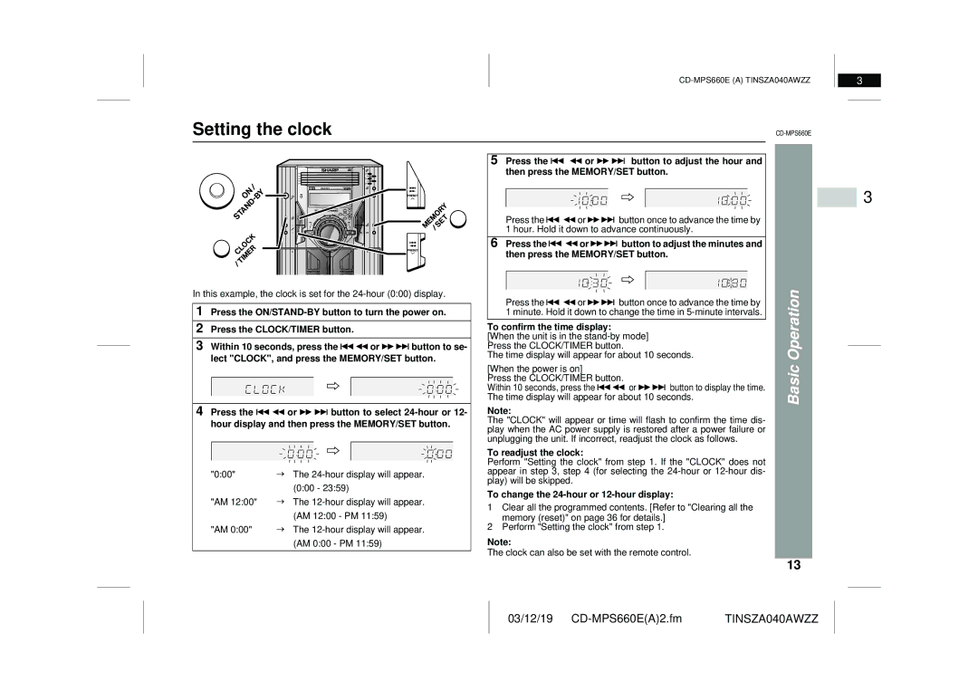 Sharp CD-MPS660E operation manual Setting the clock, Basic Operation, To confirm the time display, To readjust the clock 