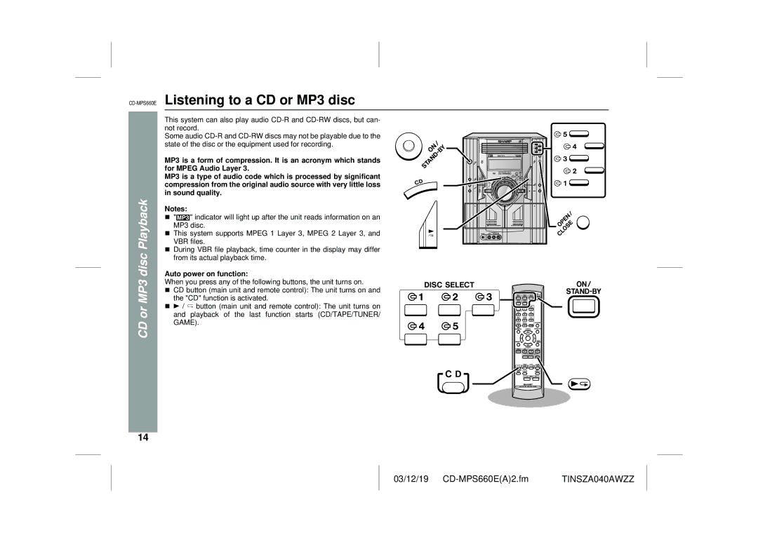 Sharp operation manual CD-MPS660EListening to a CD or MP3 disc, CD or MP3 disc Playback, Auto power on function 