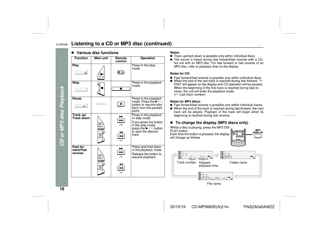 Sharp CD-MPS660E operation manual Disc, Various disc functions, To change the display MP3 discs only 