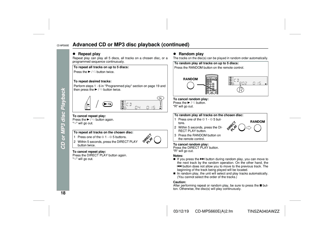 Sharp CD-MPS660E operation manual Playback, CD or MP3 disc, Repeat play, Random play 