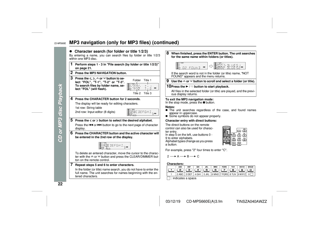 Sharp CD-MPS660E Character search for folder or title 1/2/3, Press the or button to select the desired alphabet 