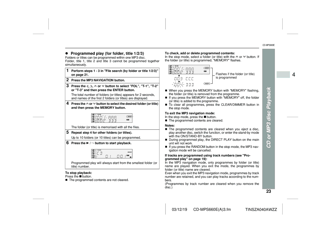 Sharp CD-MPS660E operation manual Programmed play for folder, title 1/2/3, Repeat for other folders or titles 