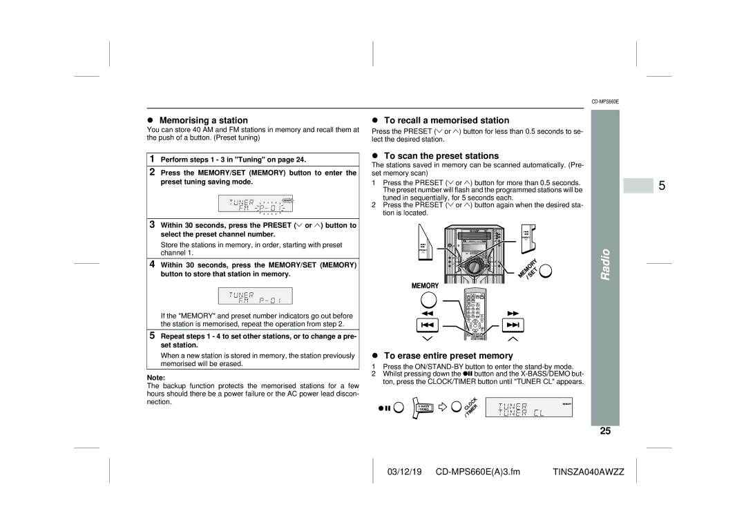 Sharp CD-MPS660E operation manual Memorising a station, To recall a memorised station, To scan the preset stations 