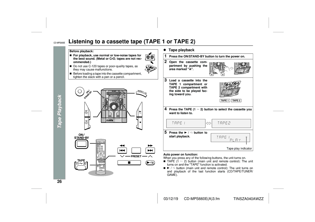 Sharp CD-MPS660E operation manual Listening to a cassette tape Tape 1 or Tape, Tape Playback 