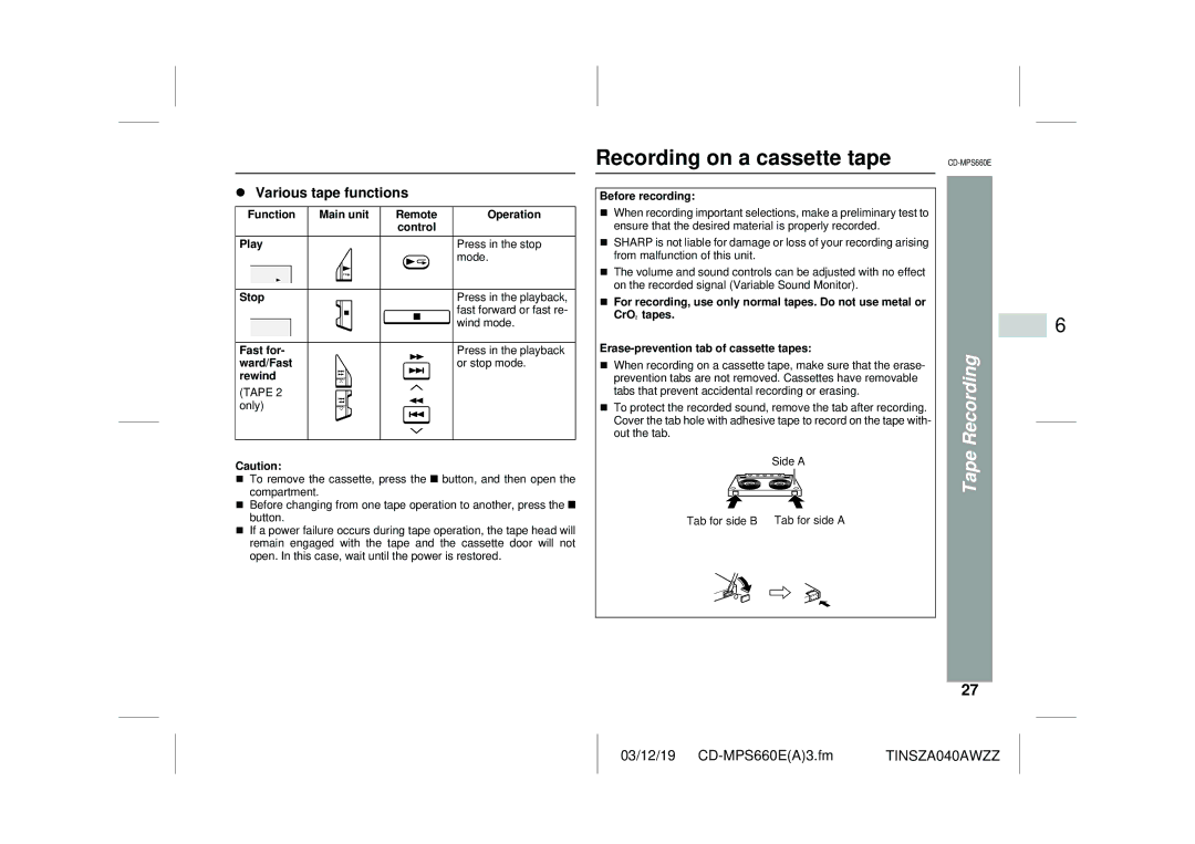 Sharp CD-MPS660E operation manual Recording on a cassette tape, Tape Recording, Various tape functions 