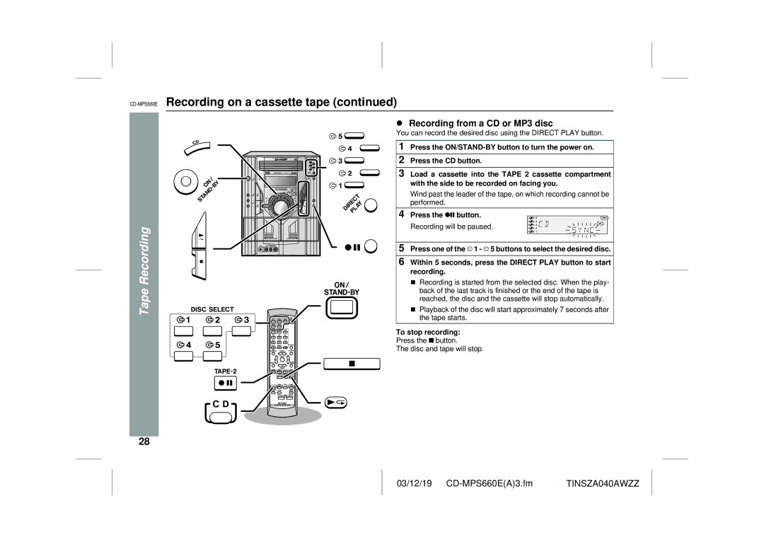 Sharp CD-MPS660E operation manual Recording from a CD or MP3 disc, To stop recording 