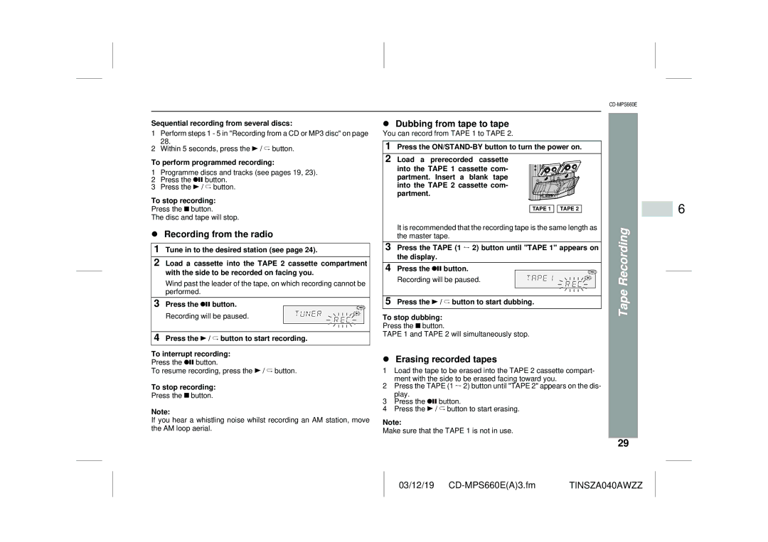 Sharp CD-MPS660E operation manual Recording from the radio, Dubbing from tape to tape, Erasing recorded tapes 