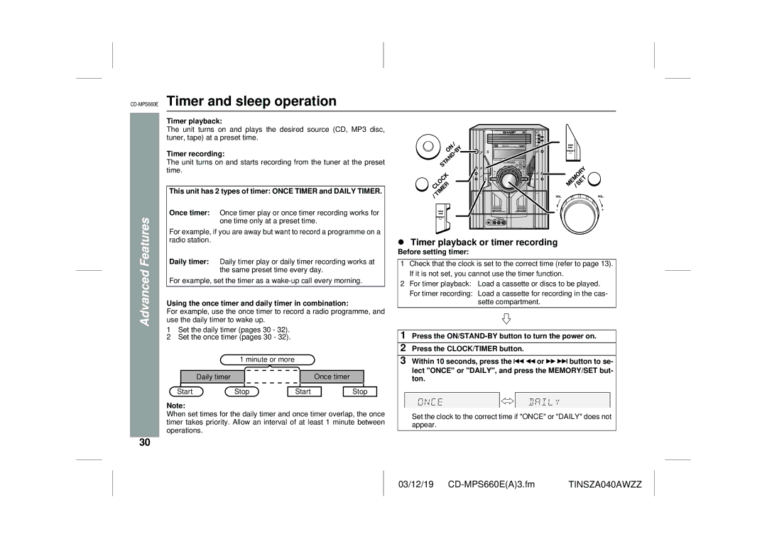 Sharp CD-MPS660E operation manual Timer and sleep operation, Advanced Features, Timer playback or timer recording 