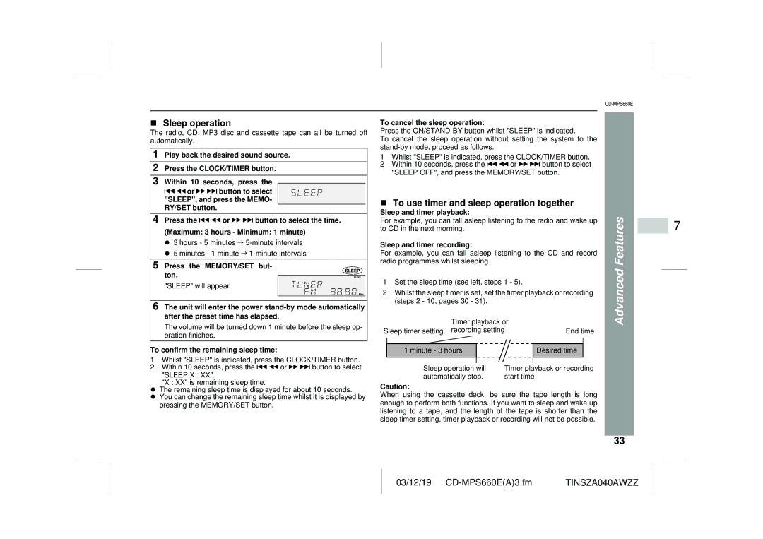 Sharp CD-MPS660E operation manual Sleep operation, To use timer and sleep operation together 