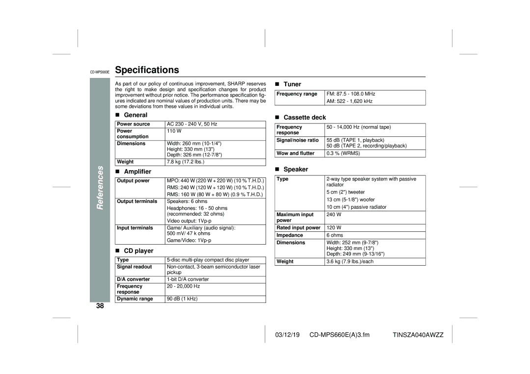 Sharp CD-MPS660E operation manual Specifications, Amplifier, Speaker 