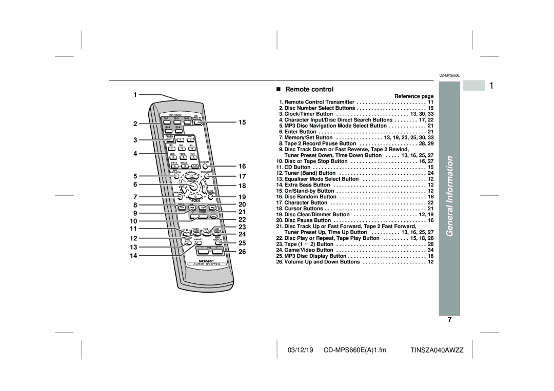 Sharp CD-MPS660E operation manual Remote control, Disc Track Down or Fast Reverse, Tape 2 Rewind 