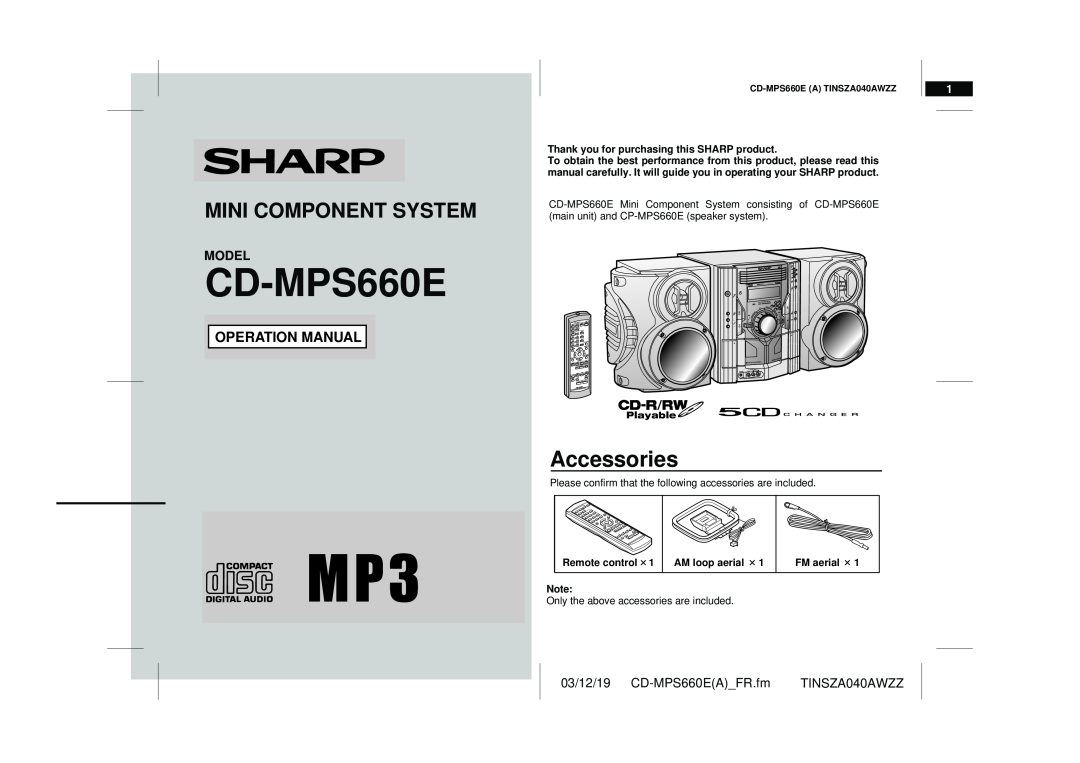 Sharp CD-MPS660E operation manual Model, Accessories, Mini Component System 