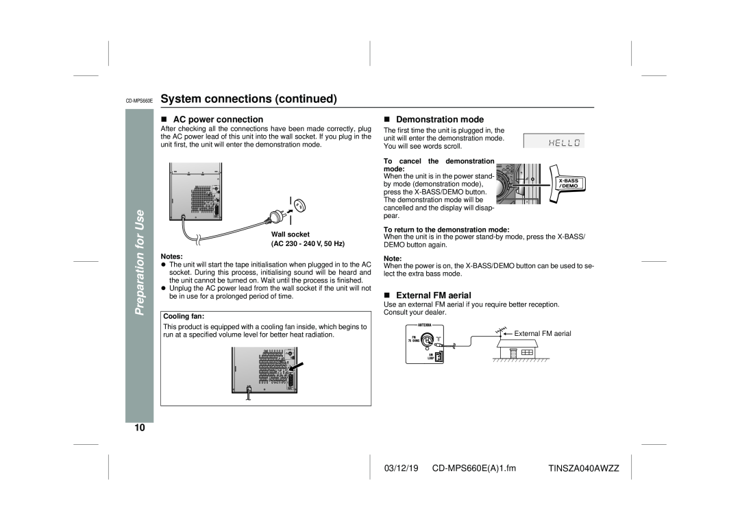 Sharp CD-MPS660E operation manual System connections continued, AC power connection, Demonstration mode, External FM aerial 