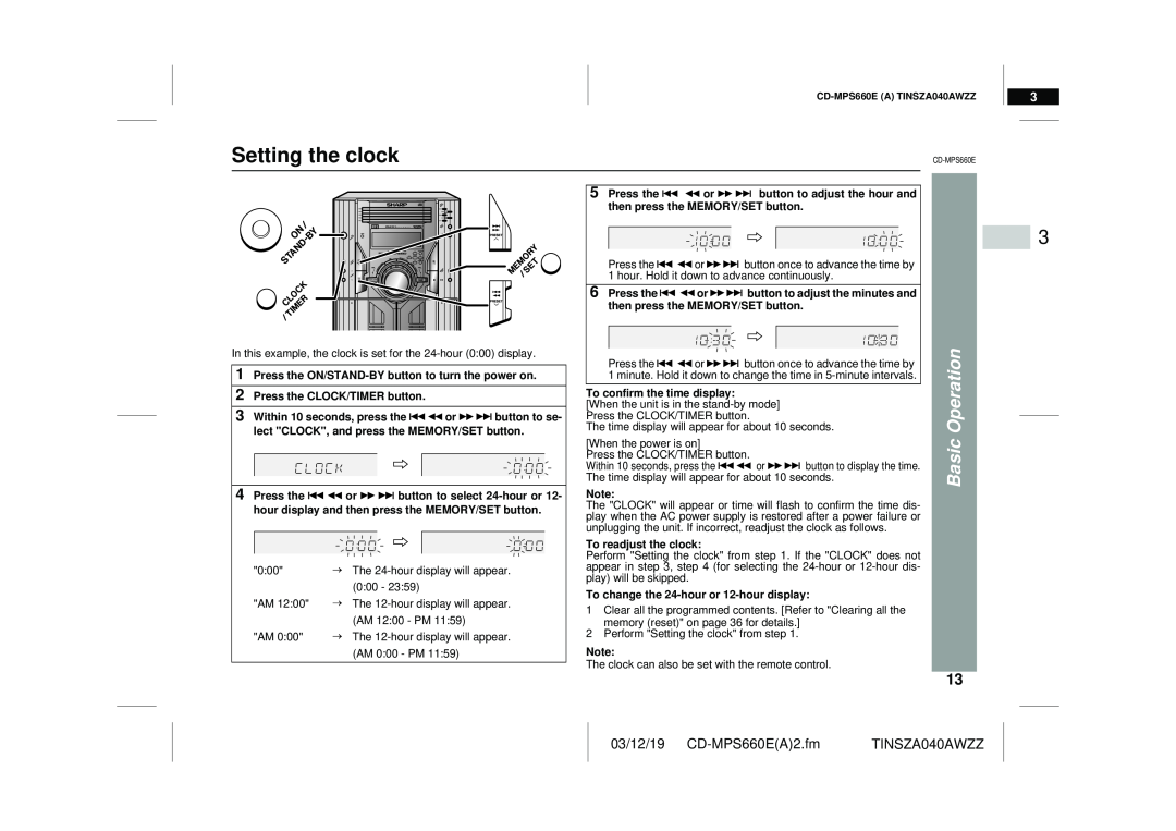 Sharp CD-MPS660E operation manual Setting the clock, Basic Operation 