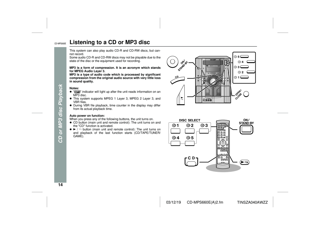Sharp operation manual CD-MPS660E Listening to a CD or MP3 disc, CD or MP3 disc Playback 