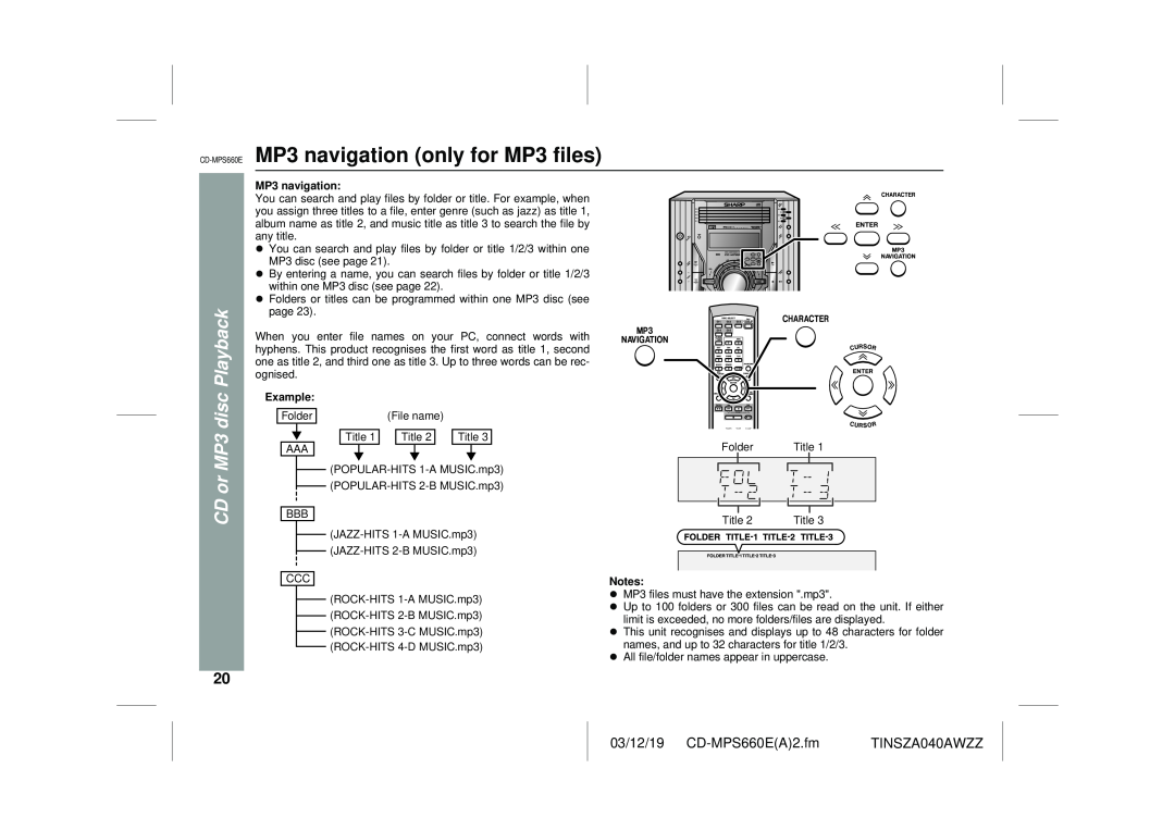Sharp CD-MPS660E operation manual MP3 navigation only for MP3 files, or MP3 disc Playback 