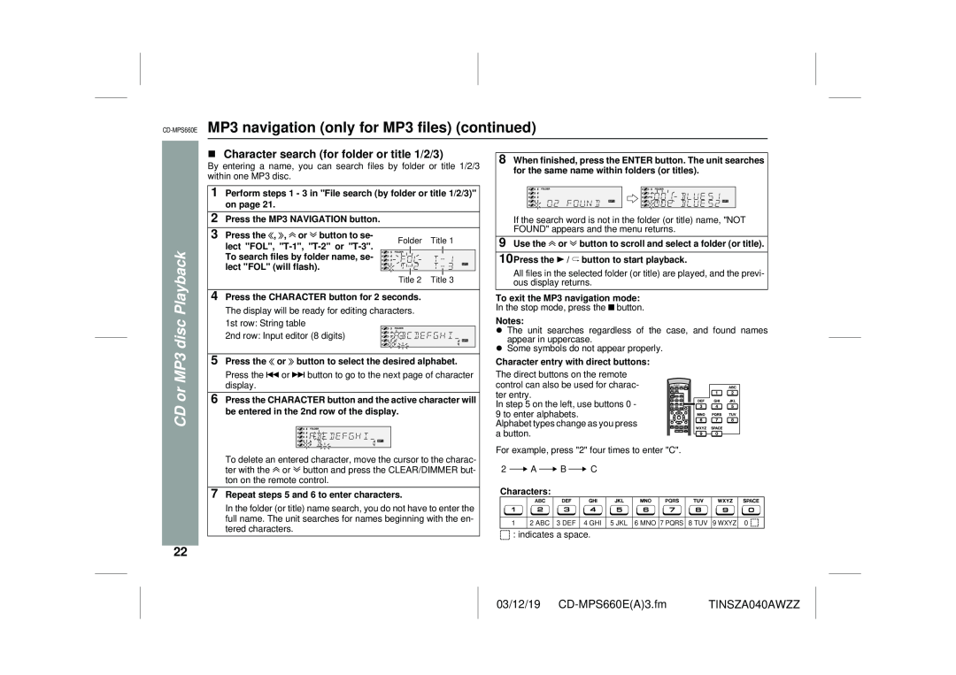Sharp CD-MPS660E operation manual Character search for folder or title 1/2/3, CD or MP3 disc Playback 