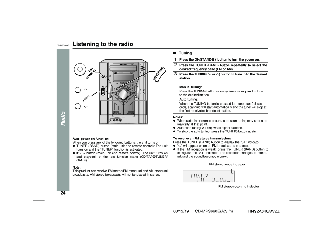 Sharp CD-MPS660E operation manual Listening to the radio, Radio, Tuning 