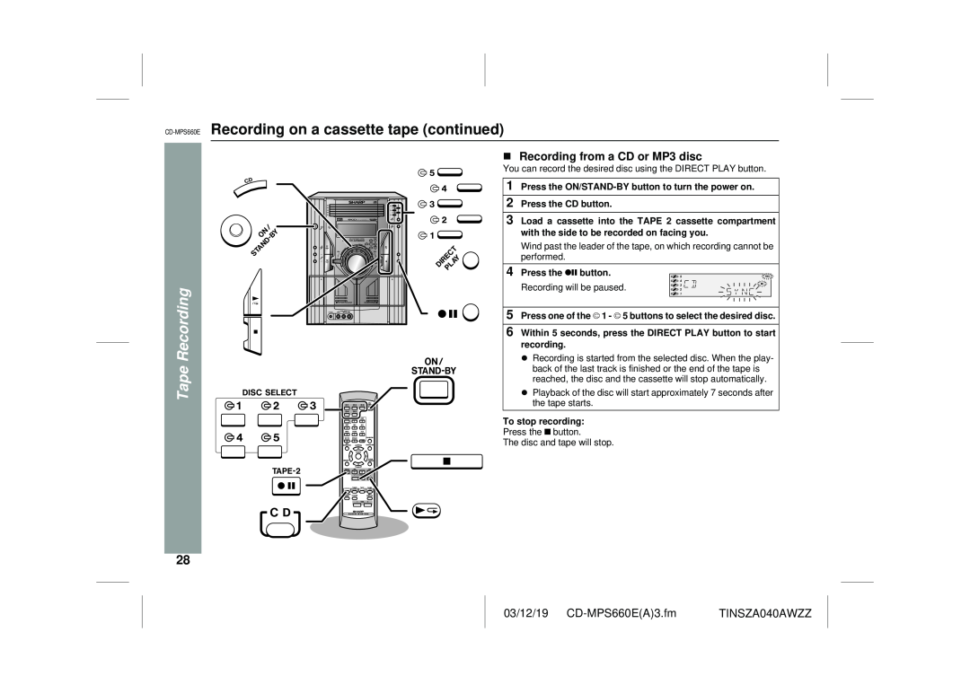 Sharp CD-MPS660E operation manual Recording on a cassette tape continued, Recording from a CD or MP3 disc, Tape Recording 