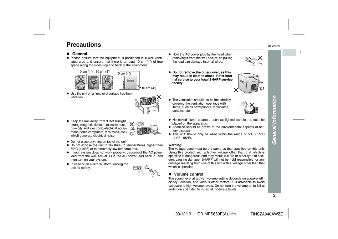 Sharp CD-MPS660E operation manual Precautions, General Information, Volume control 