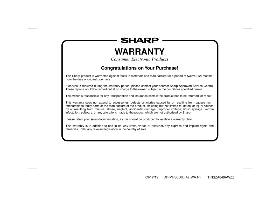 Sharp CD-MPS660E operation manual Warranty, Consumer Electronic Products, Congratulations on Your Purchase 