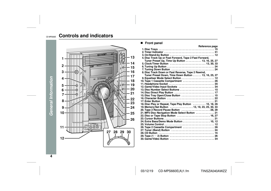 Sharp CD-MPS660E operation manual Controls and indicators, 1 2 3 4 5 6 7, Front panel, General Information 