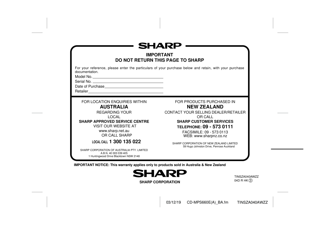 Sharp CD-MPS660E Australia, Local Call, New Zealand, Telephone, Sharp Approved Service Centre, Sharp Customer Services 