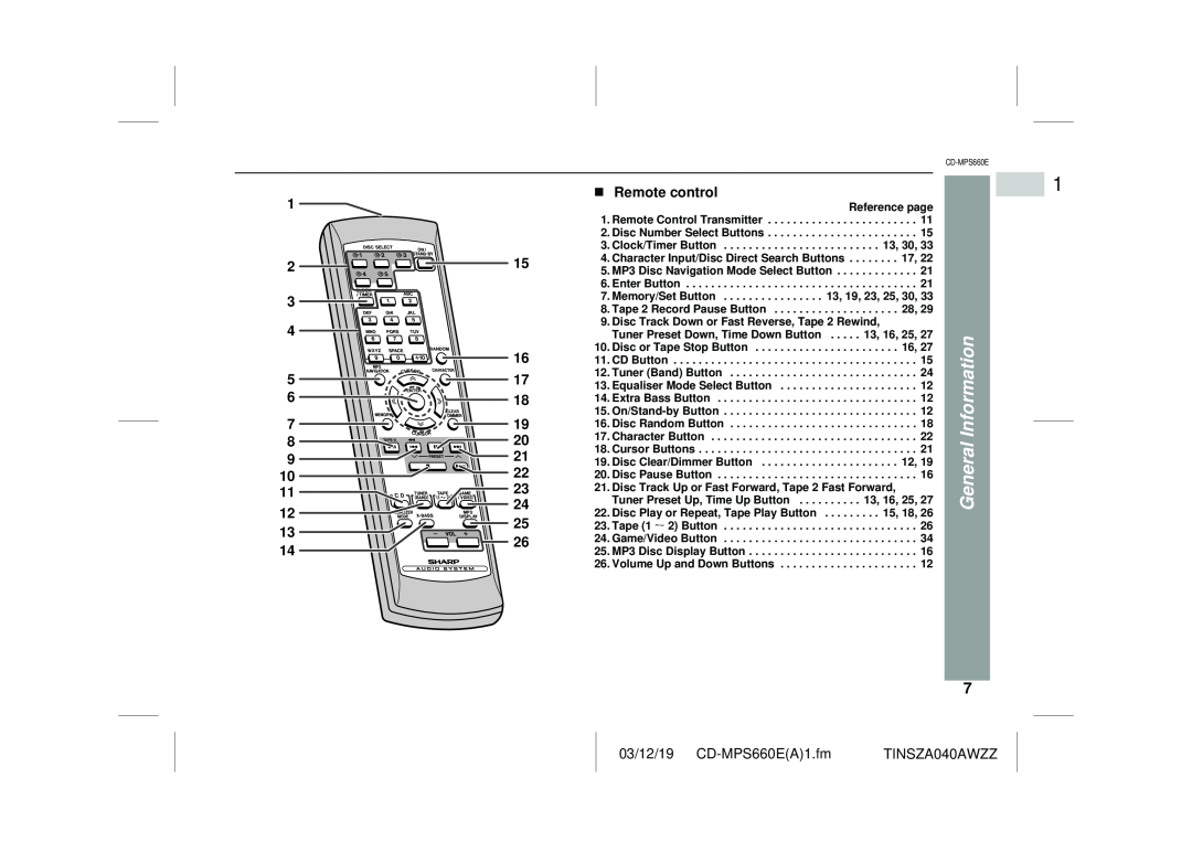 Sharp CD-MPS660E operation manual Remote control, General Information 