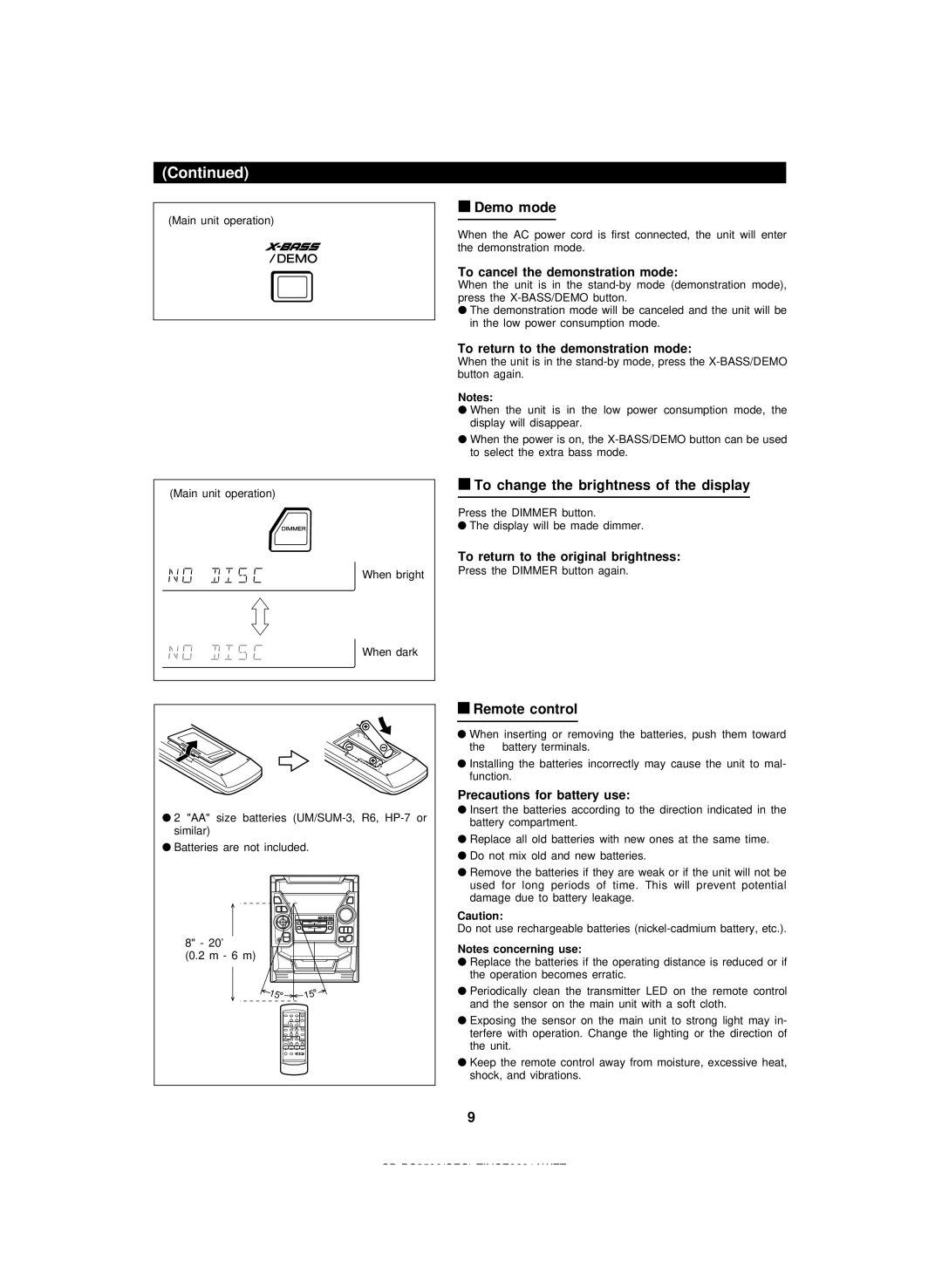 Sharp CD-PC3500 operation manual Demo mode, To change the brightness of the display, Remote control 