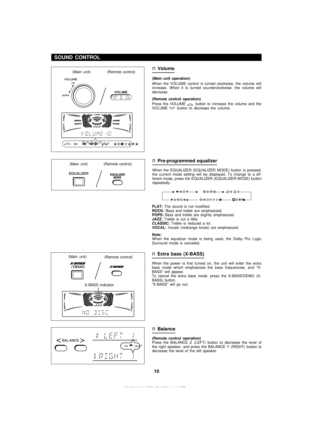 Sharp CD-PC3500 operation manual Sound Control, Volume, Pre-programmed equalizer, Extra bass X-BASS, Balance 