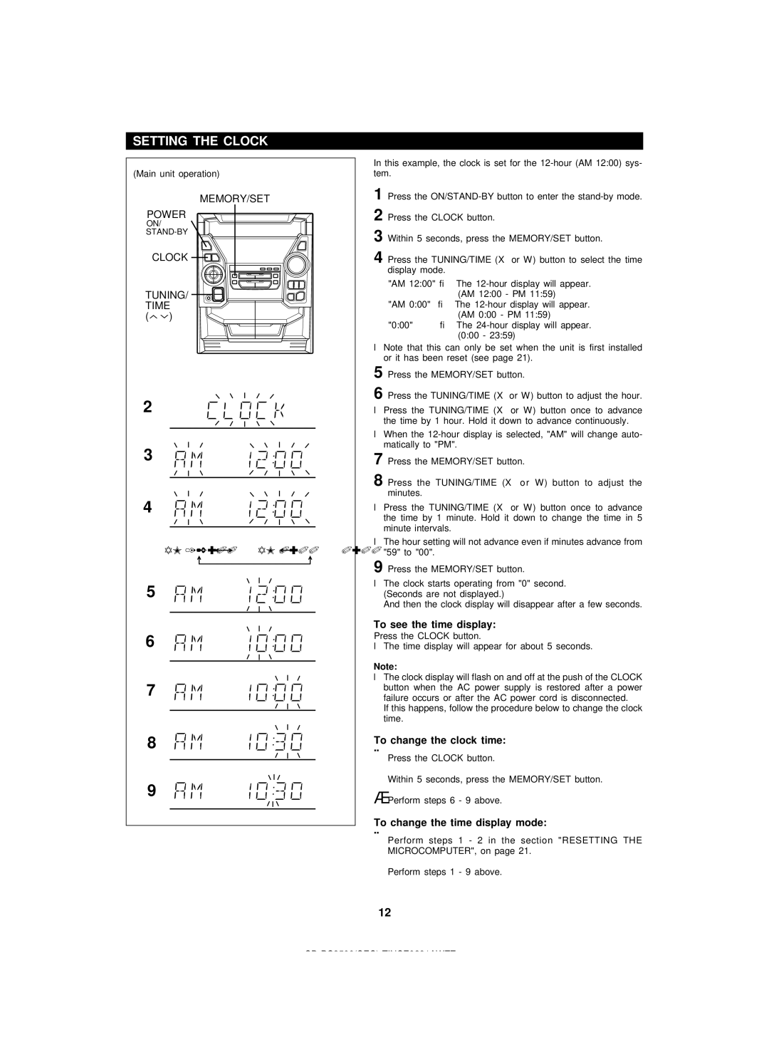 Sharp CD-PC3500 Setting the Clock, To see the time display, To change the clock time, To change the time display mode 