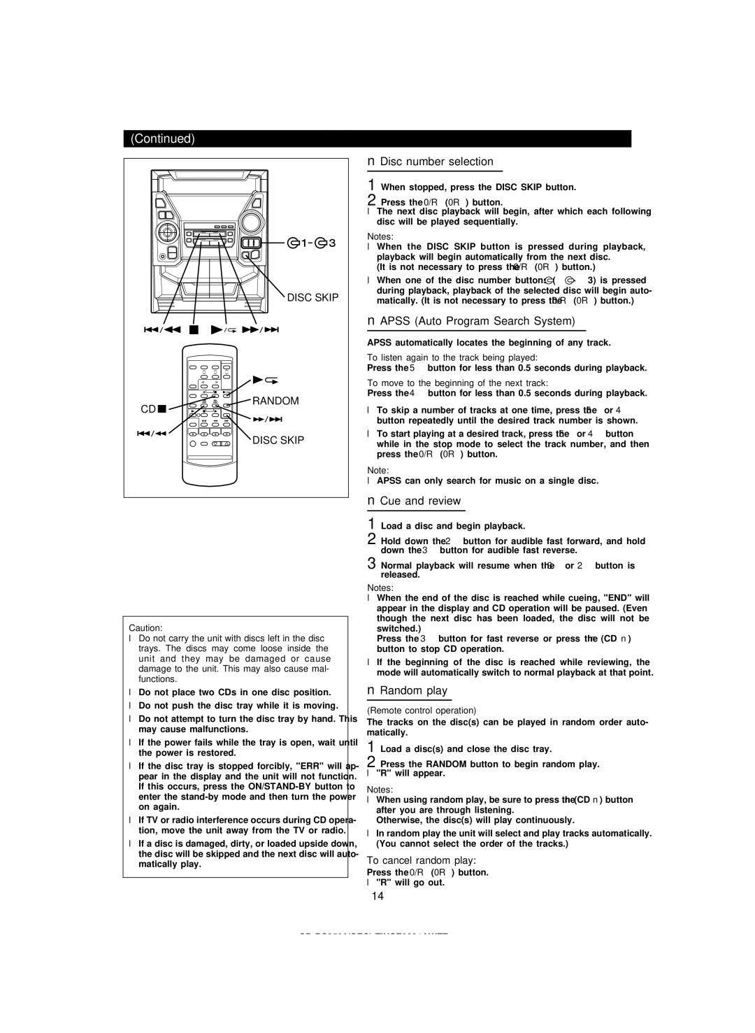 Sharp CD-PC3500 Disc number selection, Apss Auto Program Search System, Cue and review, Random play, To cancel random play 