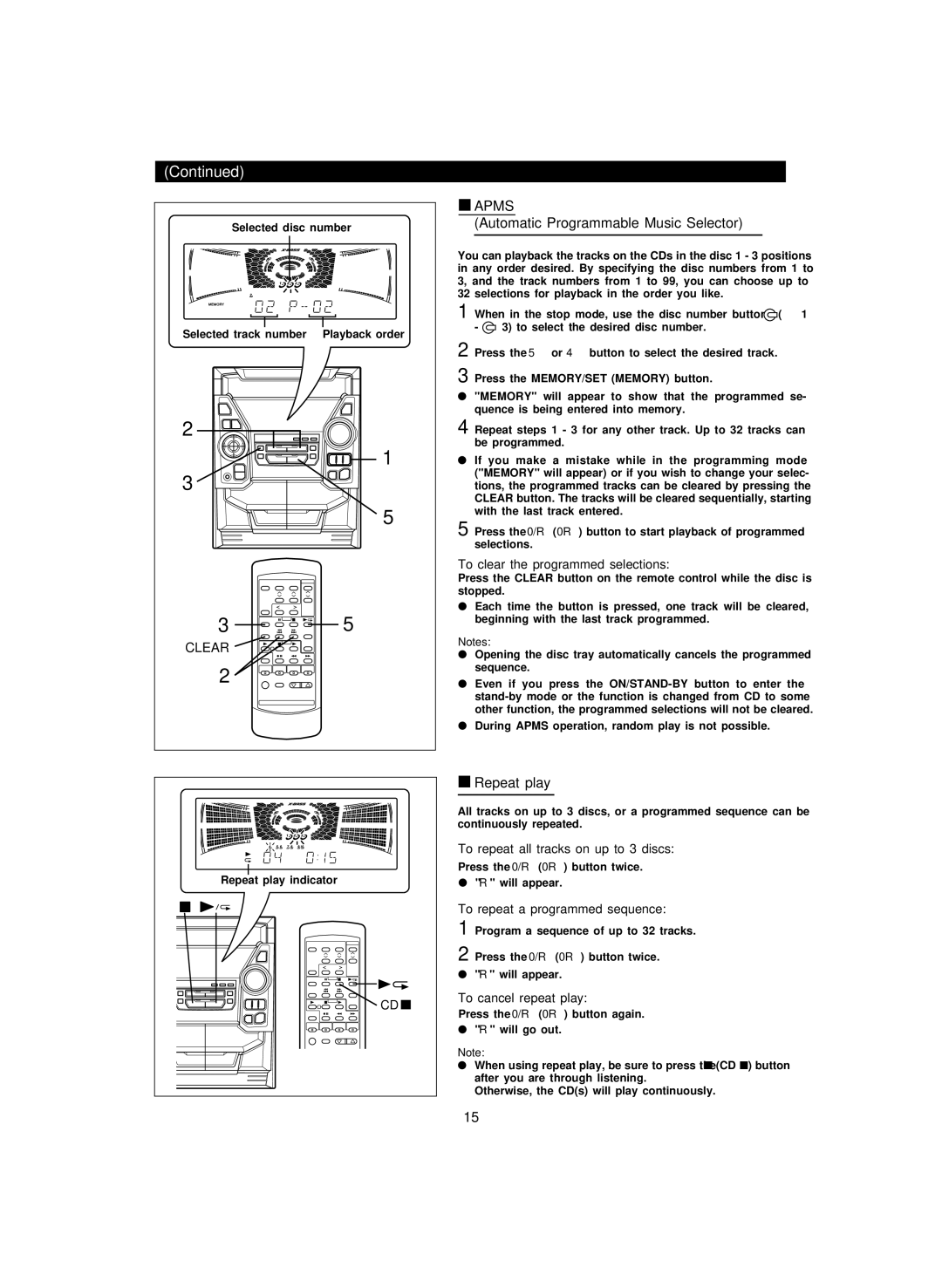 Sharp CD-PC3500 operation manual Automatic Programmable Music Selector, Repeat play 