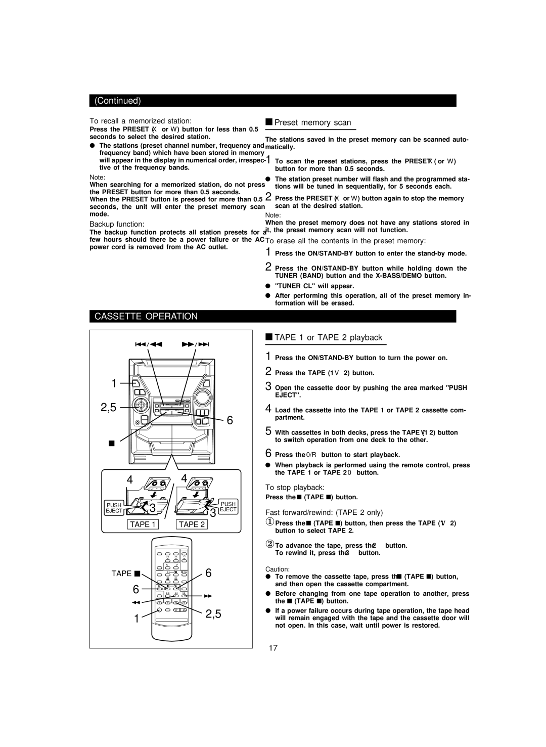 Sharp CD-PC3500 operation manual Cassette Operation, Preset memory scan, Tape 1 or Tape 2 playback 