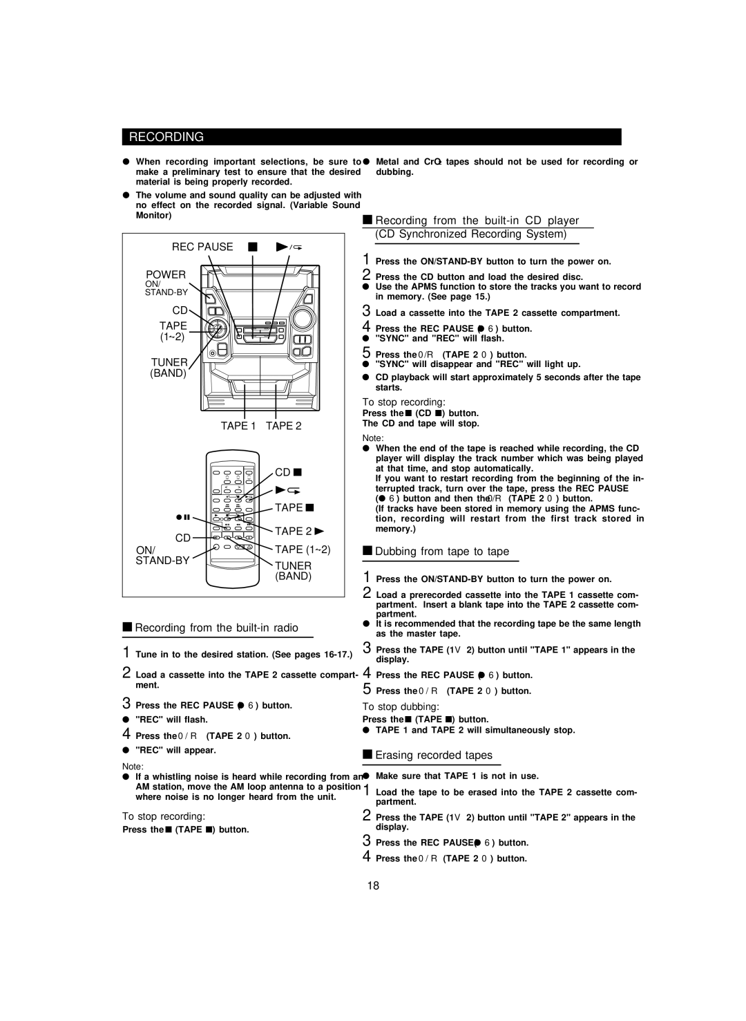 Sharp CD-PC3500 Tape 1, Recording from the built-in radio, Dubbing from tape to tape, Erasing recorded tapes 